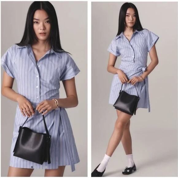 NEW Anthropologie Maeve Wrap Mini Shirt Dress Medium Blue Stripe - Picture 1 of 8